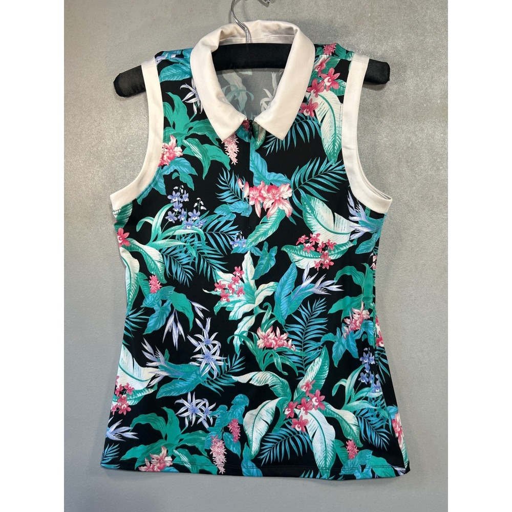 Tommy Bahama Golf Womens Sleeveless Tropical Floral Zip Polo Top Black Pink Teal